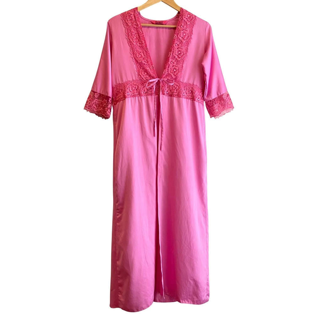 Romance Women Robe Long Satin Floral Lace Trim Front Tie Maxi Pink Lingerie